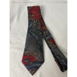 London Fog Silk Blend Necktie Men's Gray Red Blue Scroll Pattern Formal